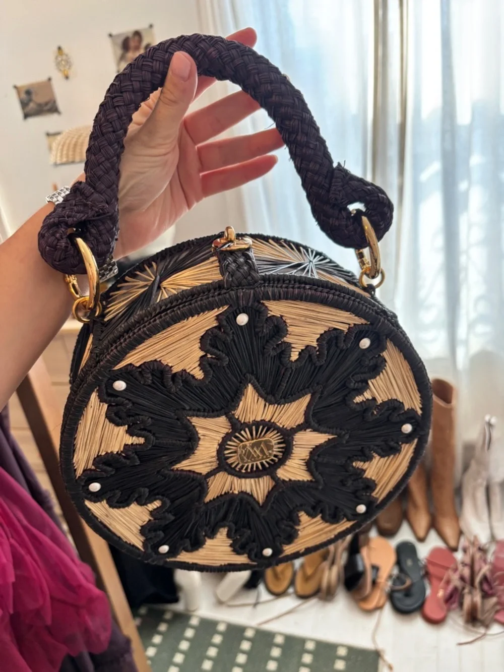 Woven Round Straw Top-Handle Bag - Black & Natural - Picture 4 of 7